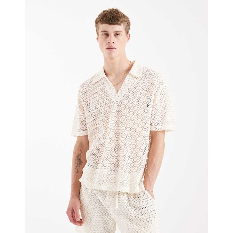 Aray crochet knit polo top in white