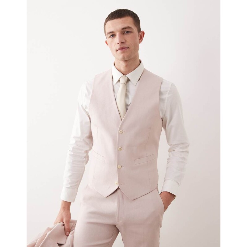 ASOS DESIGN suit waistcoat in light pink linen rich