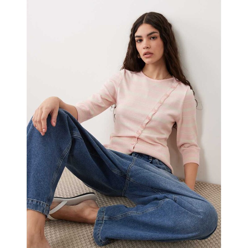ASOS DESIGN fine knit asymmetrical cardigan in pink stripe