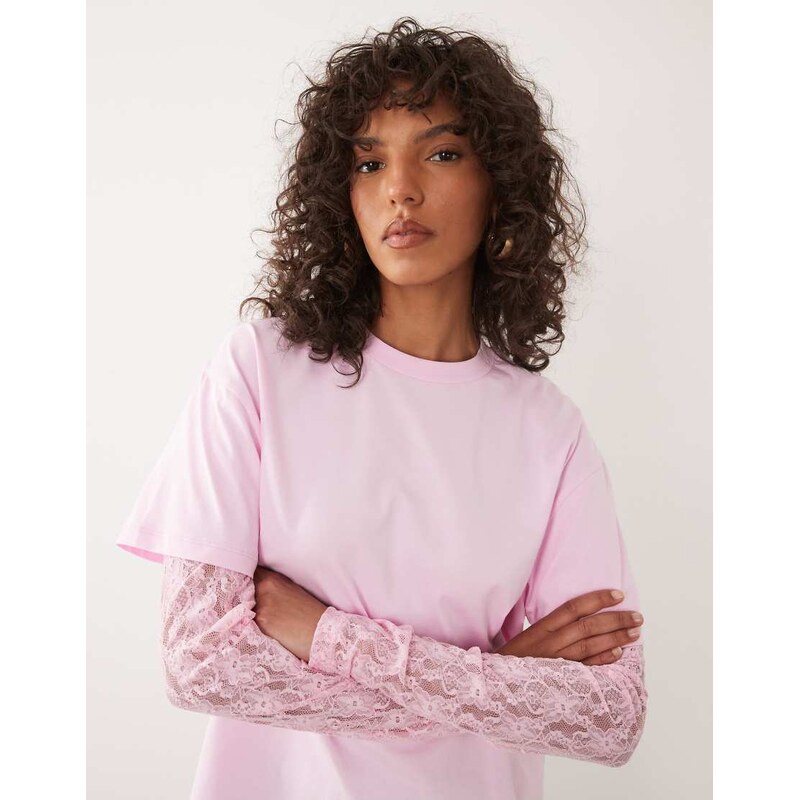 Miss Selfridge oversized tshirt with lace sleeve in pink