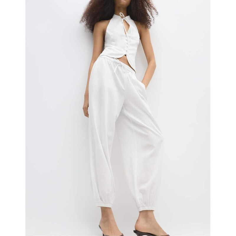 Stradivarius Linen-effect sarouel trousers in white 115156011