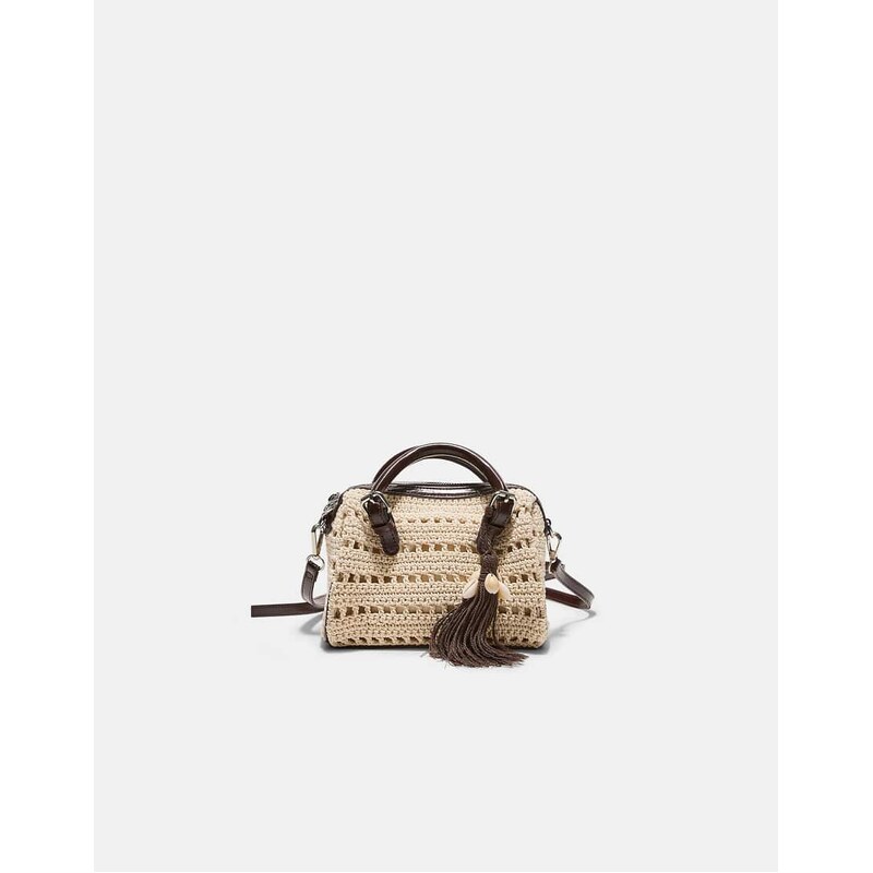 Stradivarius Round crochet tote bag in ecru-White