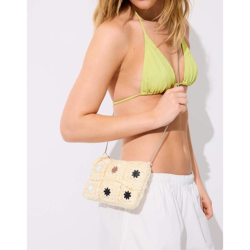 Stradivarius Mini mirror crochet crossbody bag in ecru-White 115156040