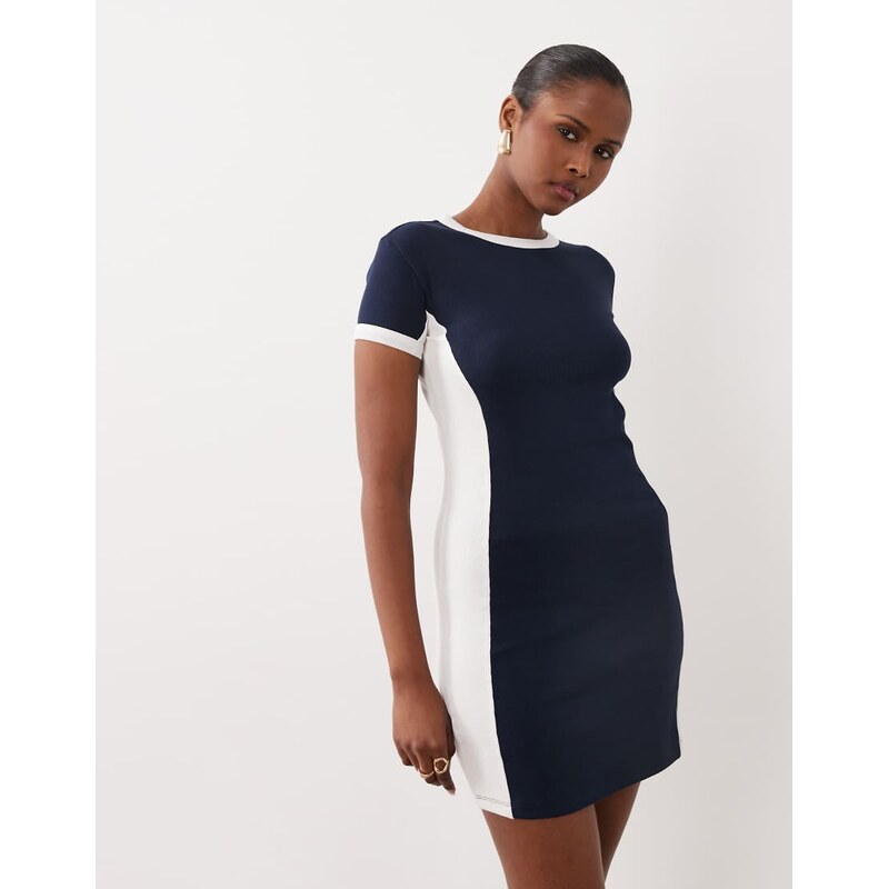 ASOS DESIGN T-shirt panel detail mini dress in navy with white