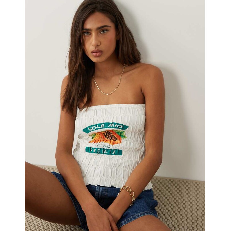The Frolic exclusive bandeau shirred papaya graphic top in white 115535747