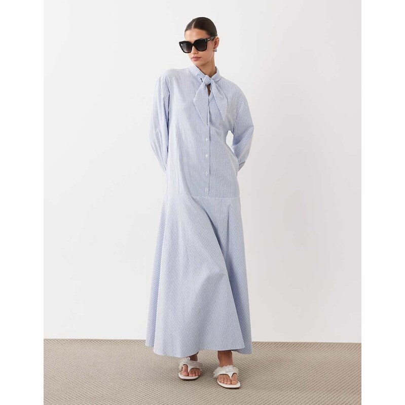 ASOS DESIGN maxi shirt dress with scarf neck detail in blue
