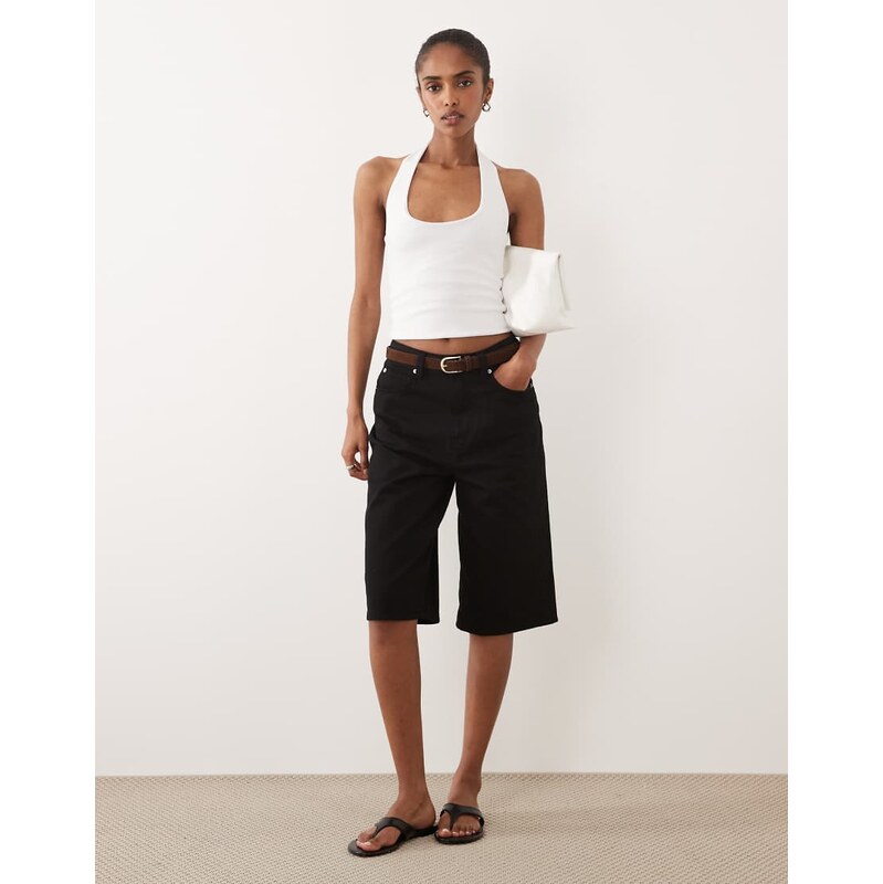 ASOS DESIGN denim bermuda short with suede belt detail in black