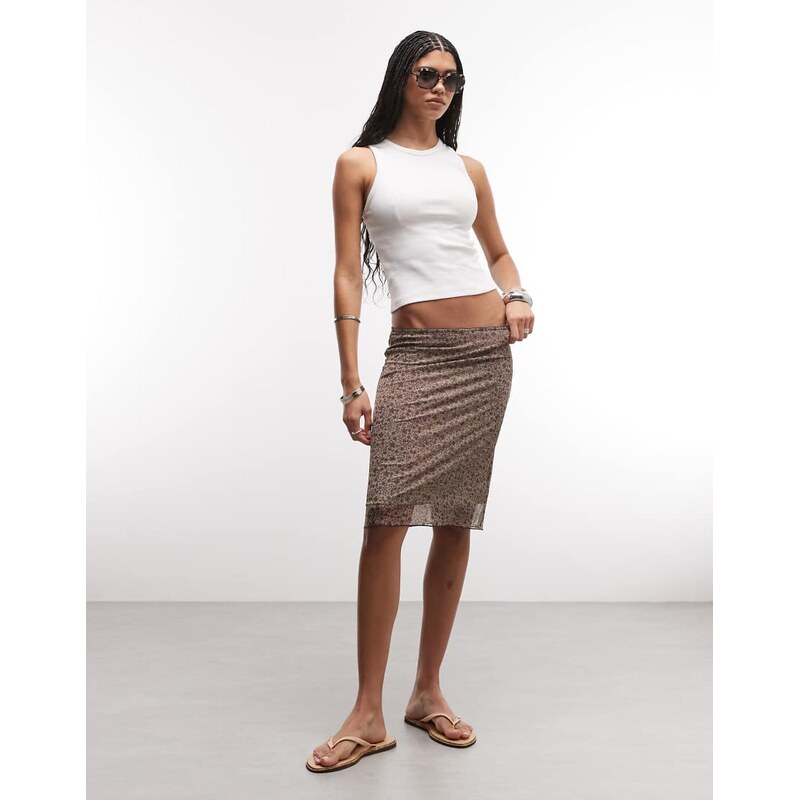 Monki mesh knee skirt in khaki vintage floral-Green
