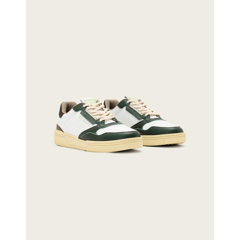 AllSaints Regan leather low top trainers in white and green