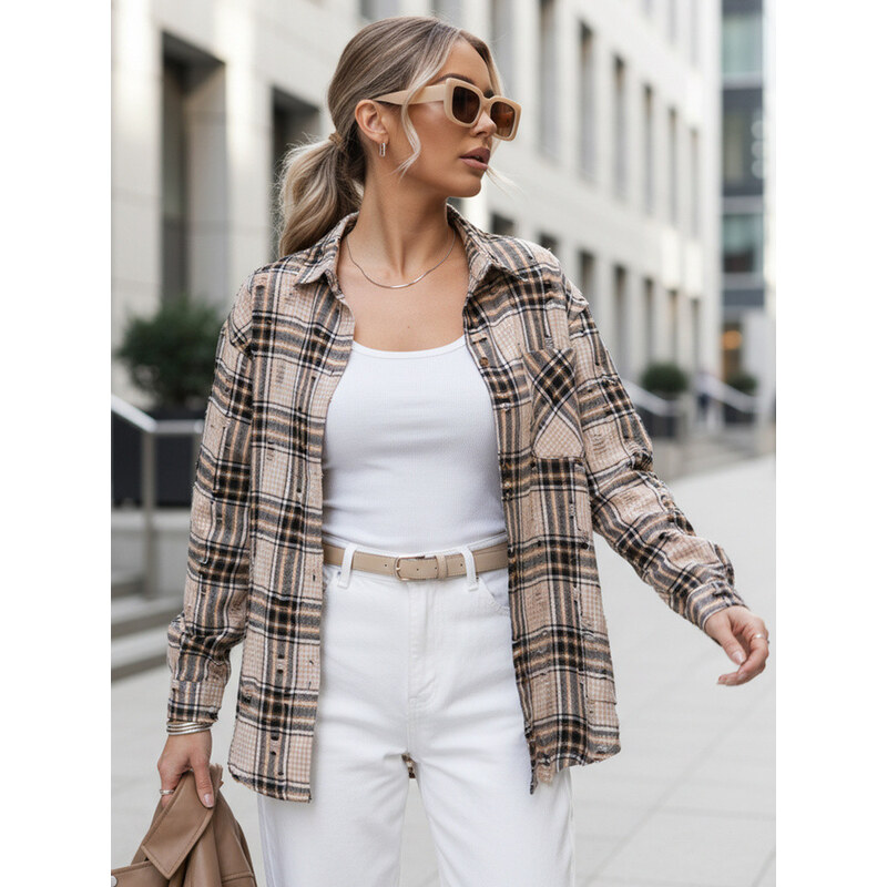 Dámská kostkovaná košile DY0485 béžovo-černá - FashionStreet 115158049
