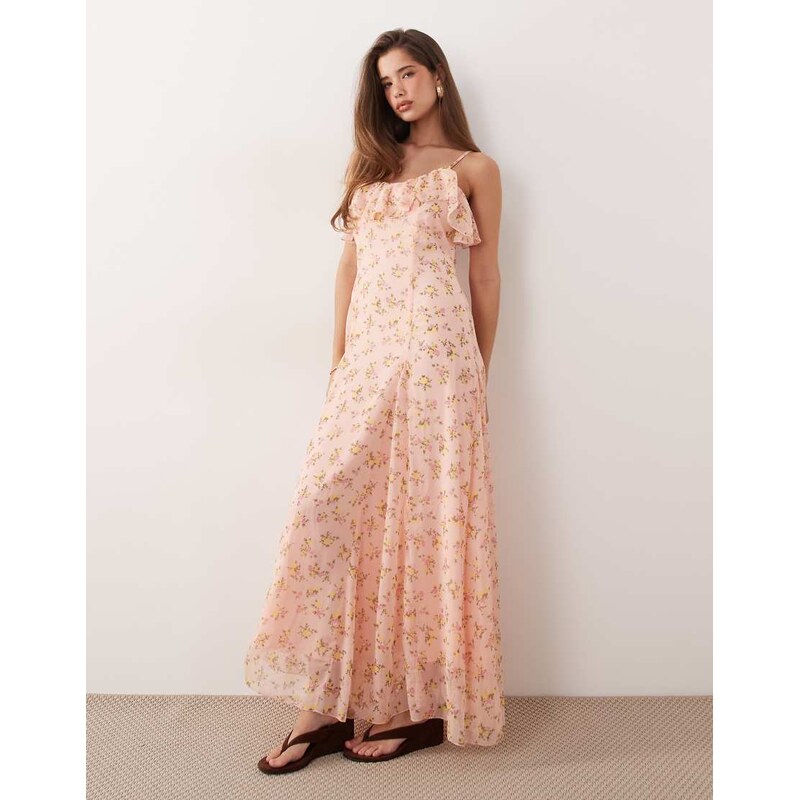 YAS frill trim cami maxi dress in pink floral print