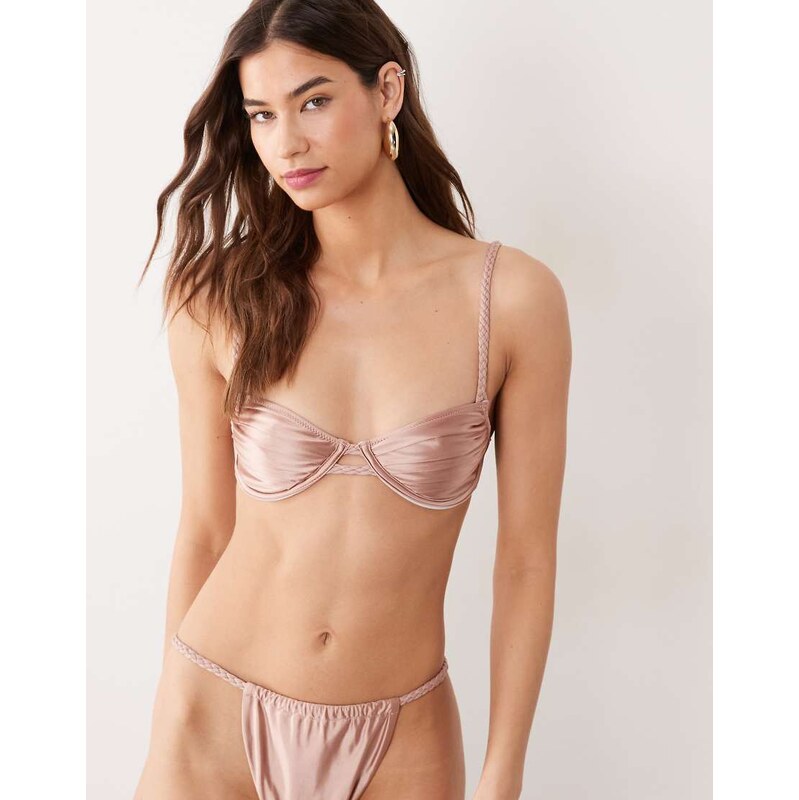 Miss Selfridge braided ruched cup satin bikini top in dusty pink 115516647