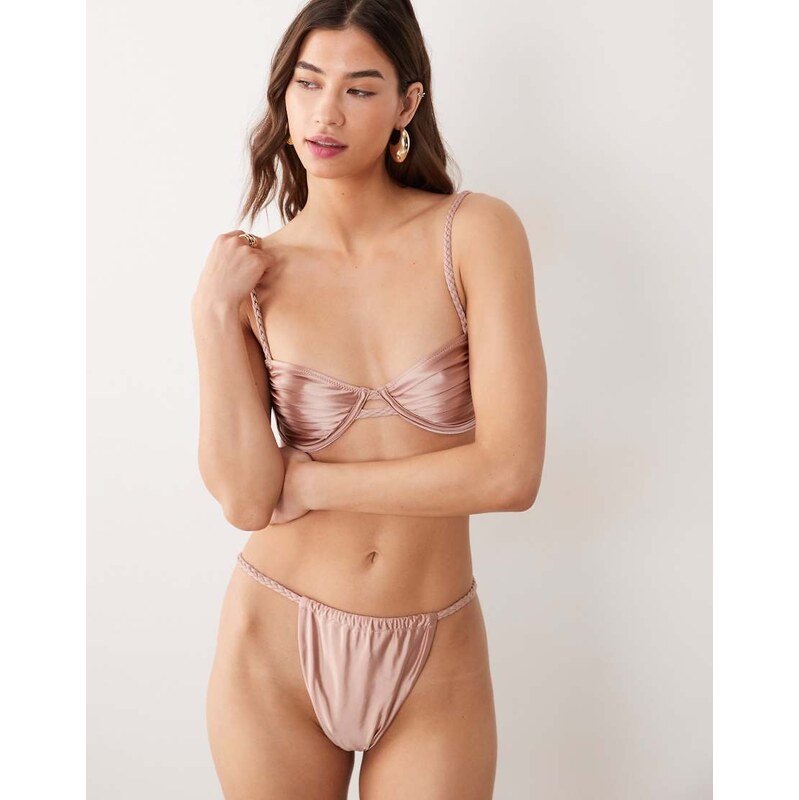 Miss Selfridge braided satin high leg bikini bottom in dusty pink 115516650
