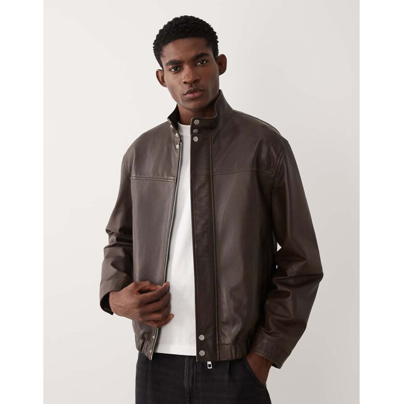 ASOS DESIGN real leather oversized bomber jacket in brown