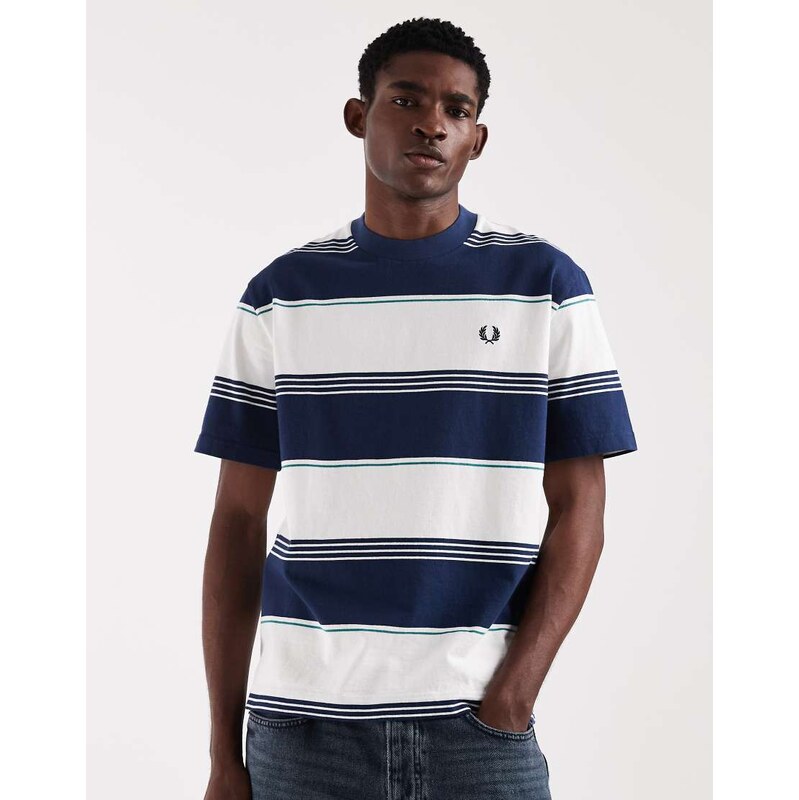 Fred Perry heavyweight striped logo t-shirt in blue and white