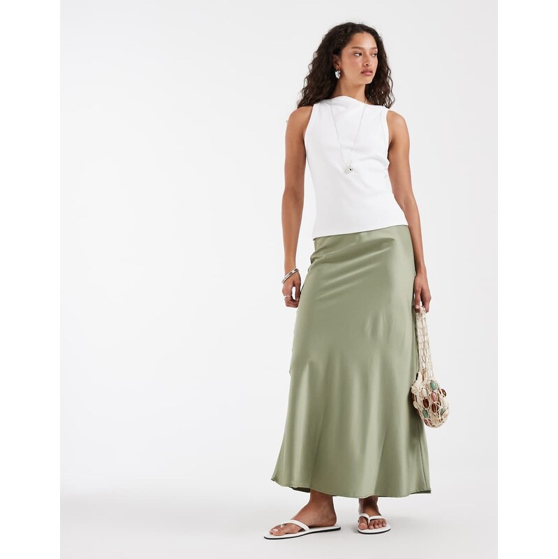 Vero Moda satin bias midi skirt in oil green