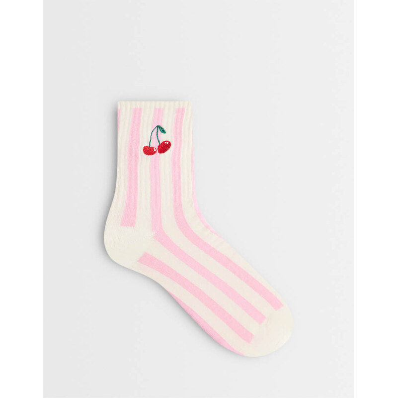 ASOS DESIGN cherry embroidery ankle socks in pink stripe