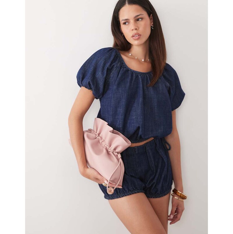 ASOS DESIGN denim bubble hem short co ord in mid blue