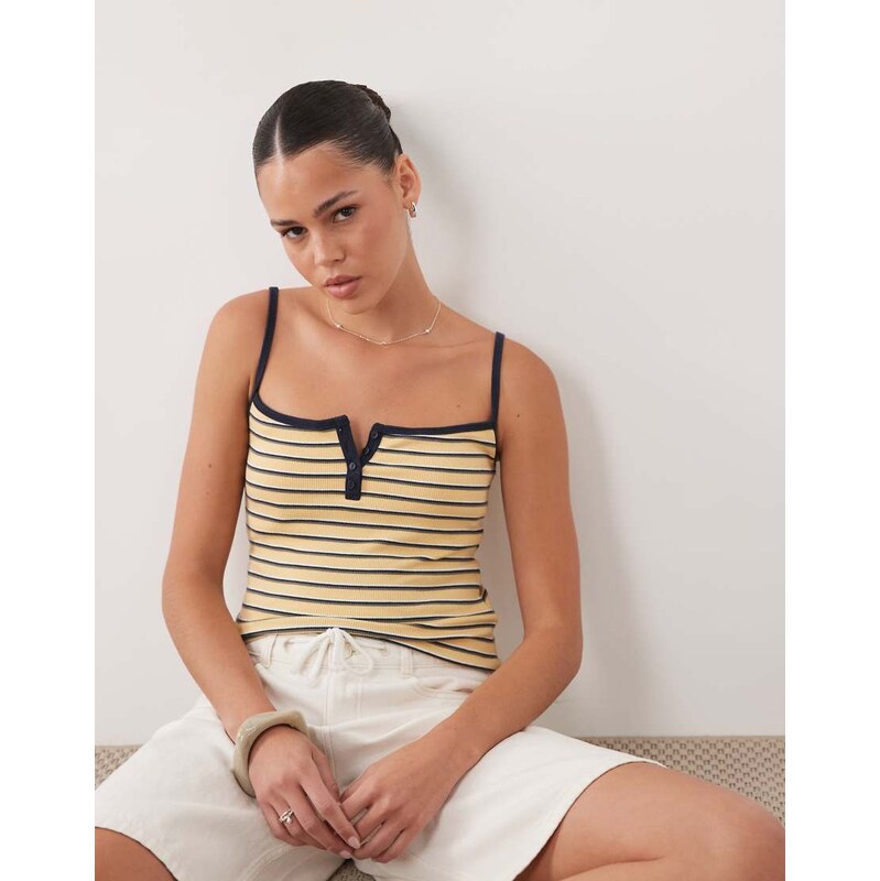 Abercrombie & Fitch ribbed henley cami in yellow stripe