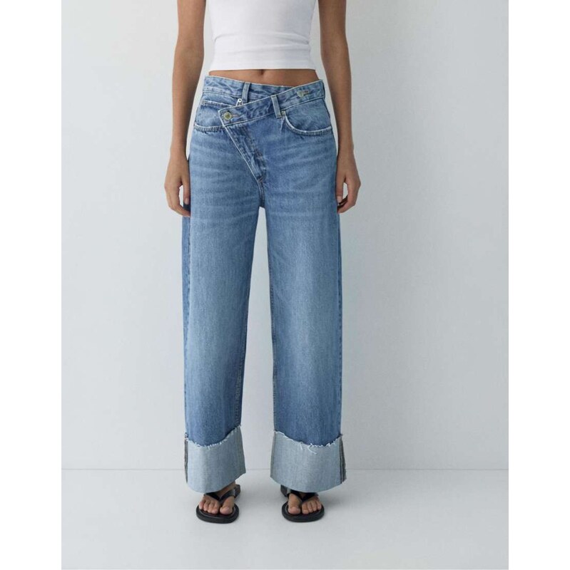 Pull&Bear Baggy jeans with crossover waistband in dark blue 115547121