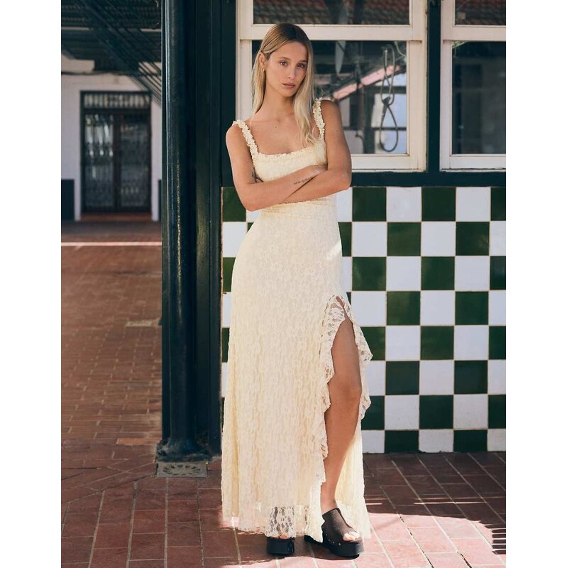 Bershka Lace midi dress in ecru-White