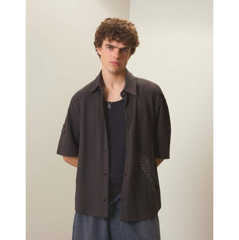 Bershka Relaxed fit waffle shirt in grey&black