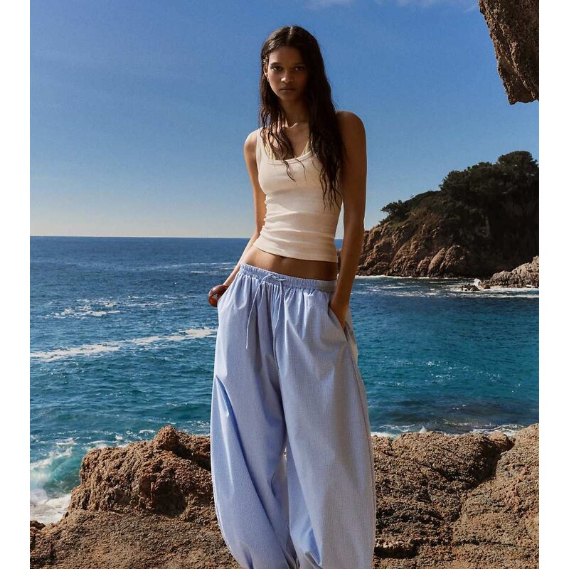 Bershka Tall poplin bloomer trousers in denim blue