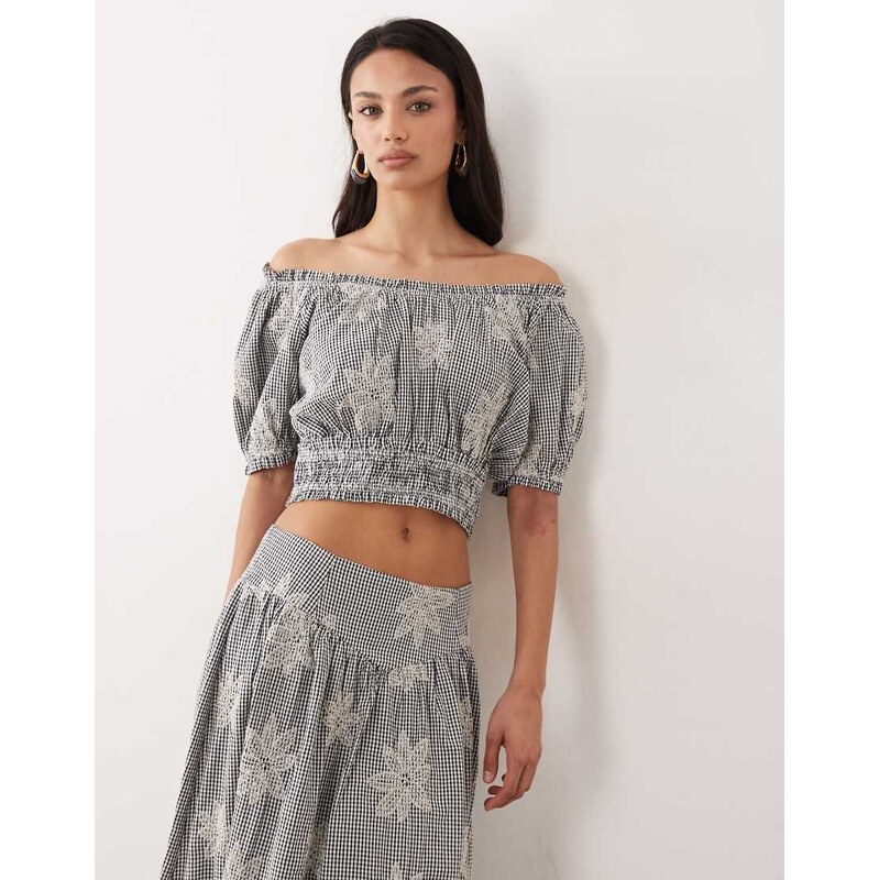 YAS floral embroidered milkmaid style crop top co-ord in black