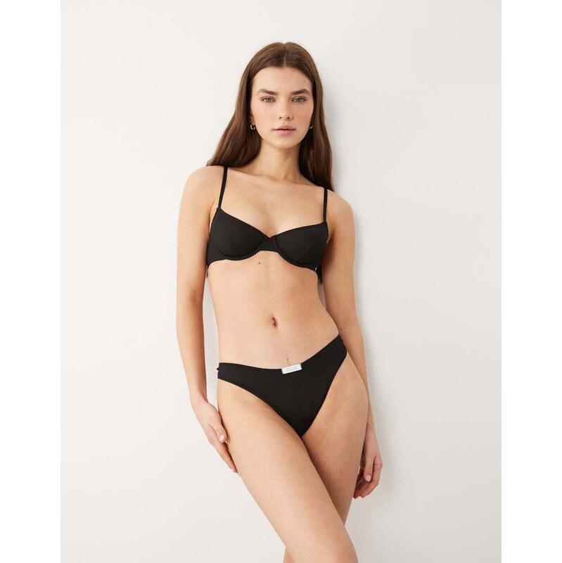 ASOS DESIGN Nora rib high leg thong with tab detail in black