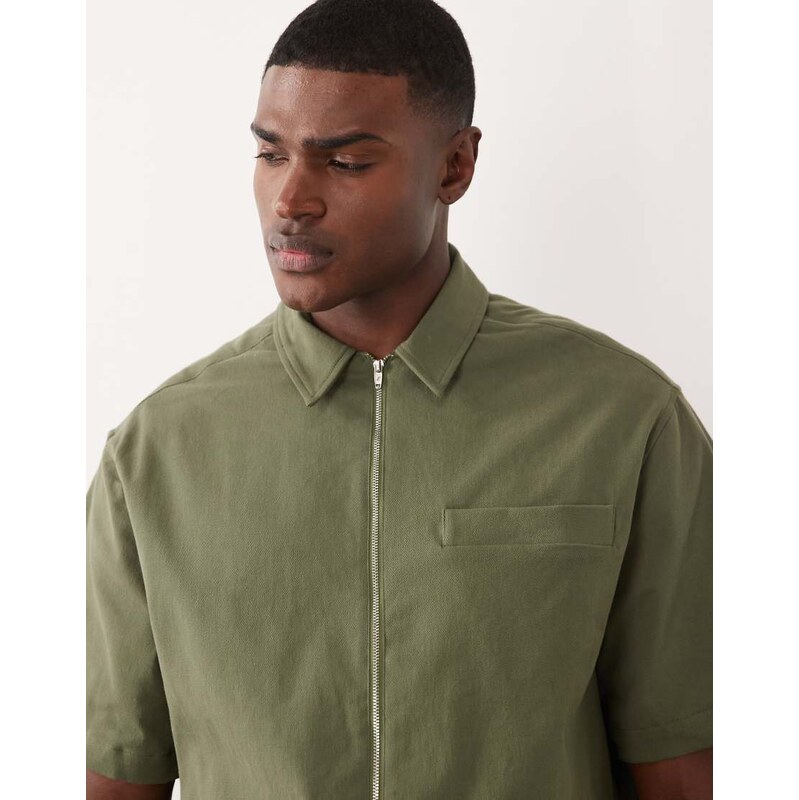 ASOS DESIGN oversized zip through shirt in khaki-Green