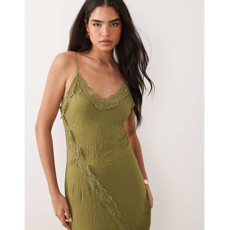 ASOS DESIGN crinkle lace trim maxi dress in khaki-Green