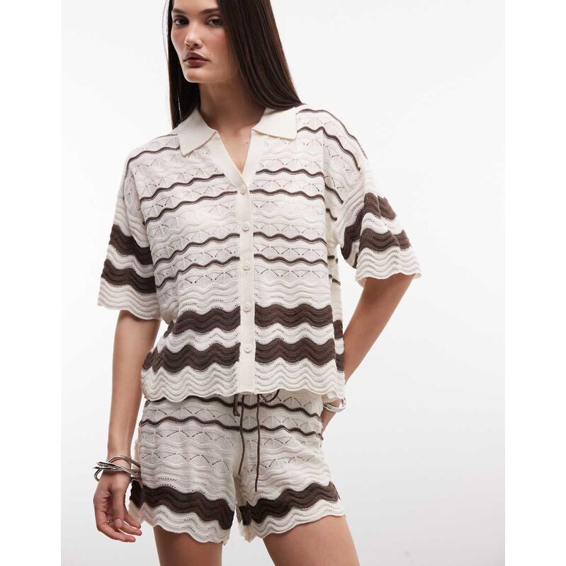 Noisy May crochet polo co-ord in beige & brown-Neutral 115167727