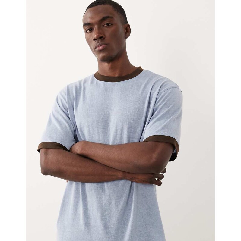 ASOS DESIGN relaxed t-shirt with contrast ringer in blue linen