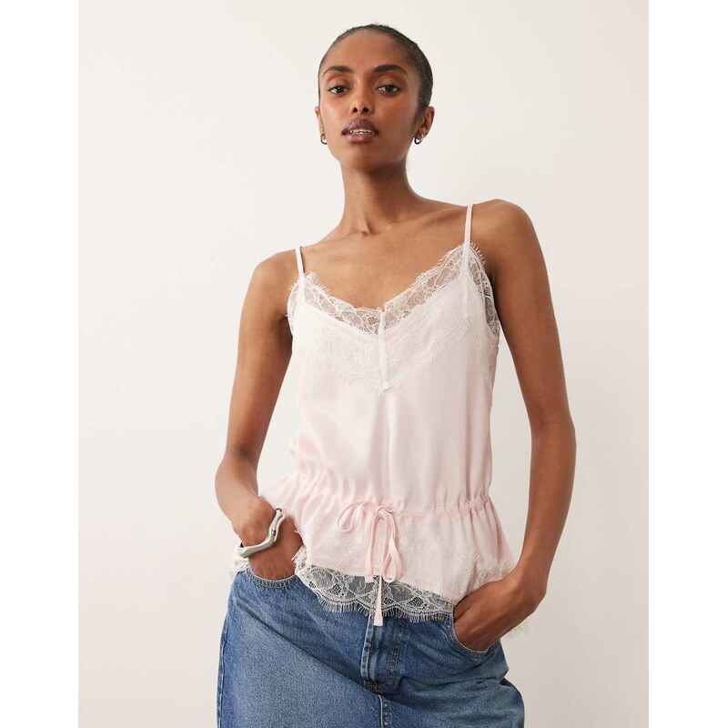 ASOS DESIGN satin lace trim tie waist cami top in pink
