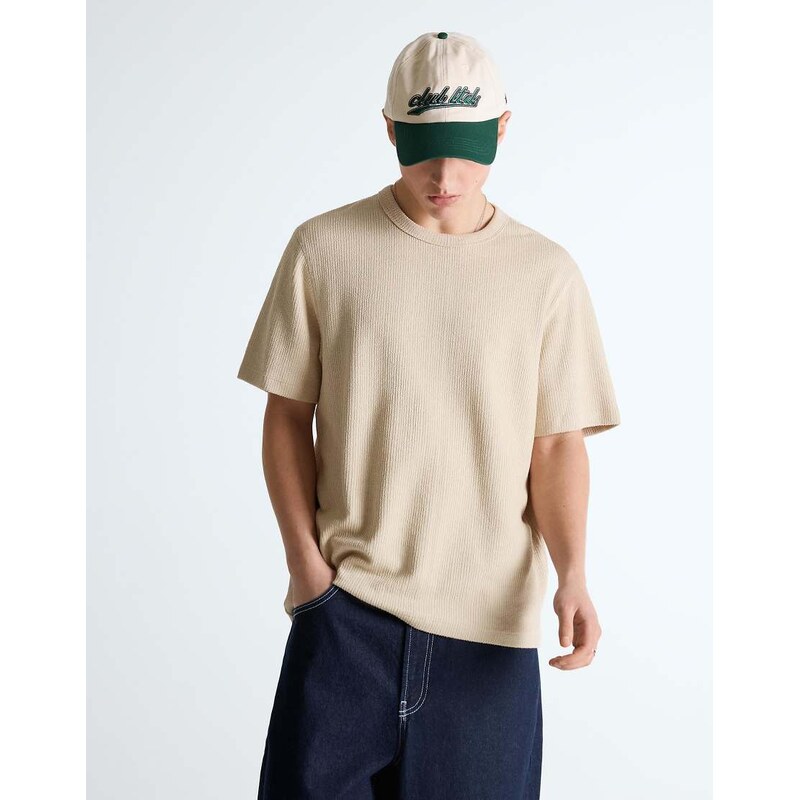 Bershka Short sleeve textured t-shirt in camel-Neutral