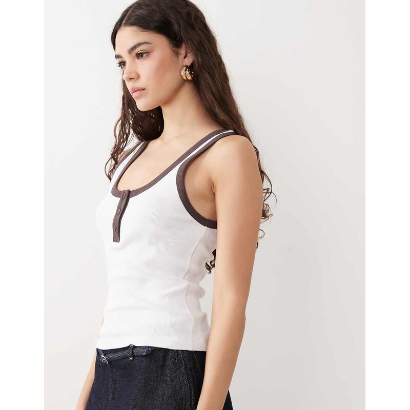 ASOS DESIGN ribbed henley vest top with contrast binding in white