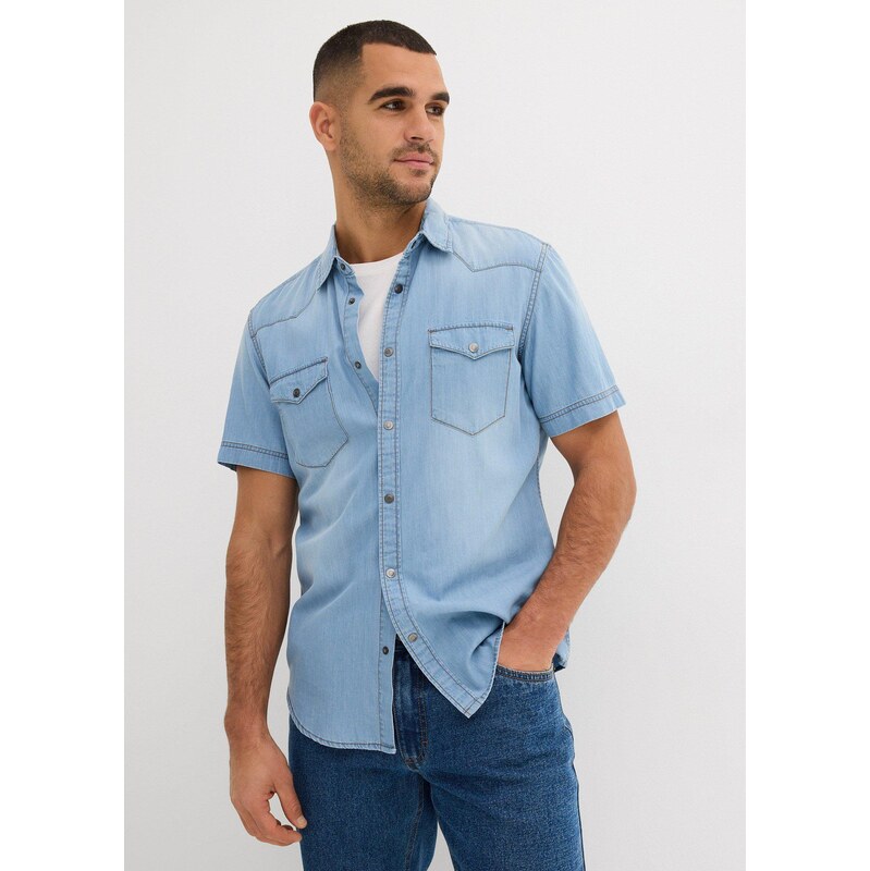 bonprix Džínová košile Slim Fit, krátký rukáv, z čisté organické