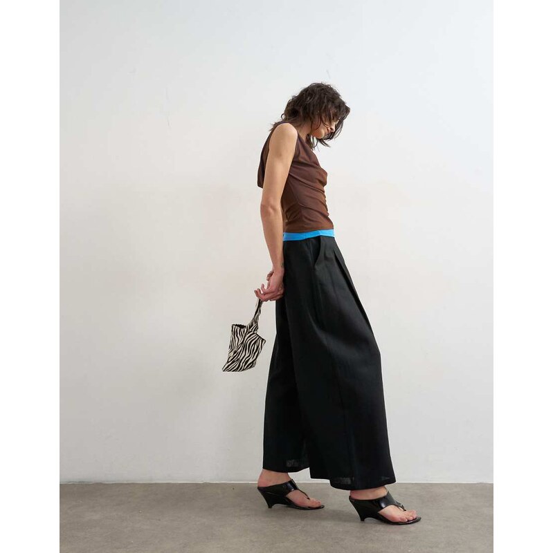 Topshop linen A line wide leg trouser in black