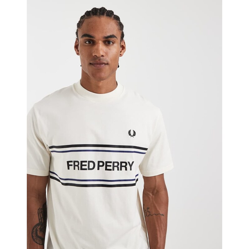 Fred Perry text logo graphic t-shirt in ecru-White