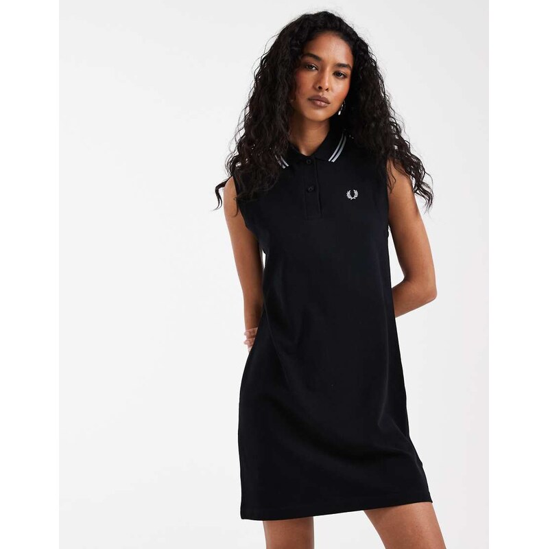 Fred Perry sleeveless mini shirt dress in black with dusky blue 115379886