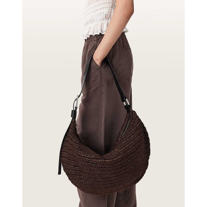 AllSaints Luna woven raffia shoulder bag in brown