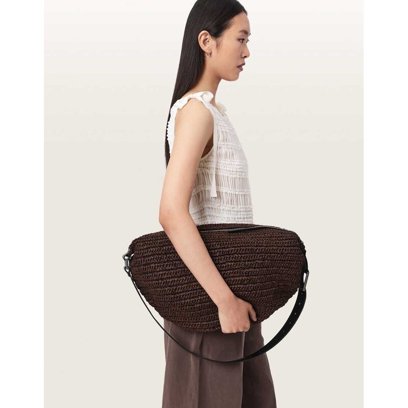 AllSaints Luna woven raffia shoulder bag in brown