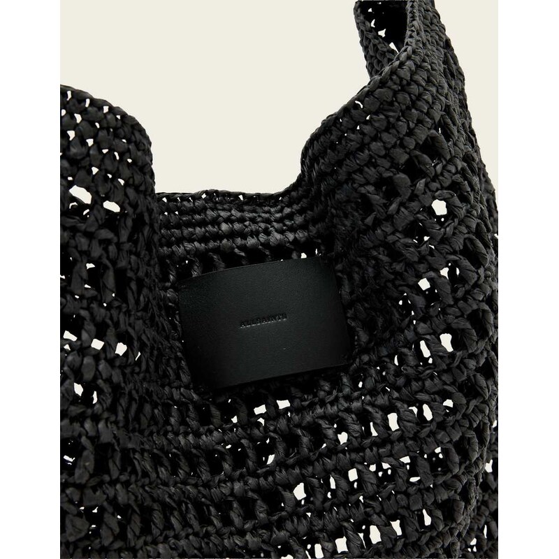 AllSaints Asha woven straw mesh shoulder bag in black