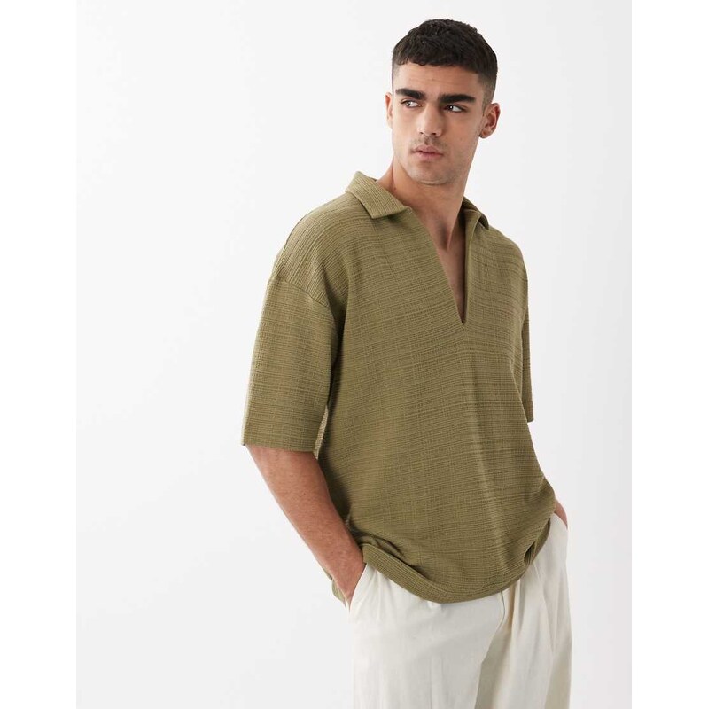 ASOS DESIGN oversized polo with open neck in khaki texture-Green