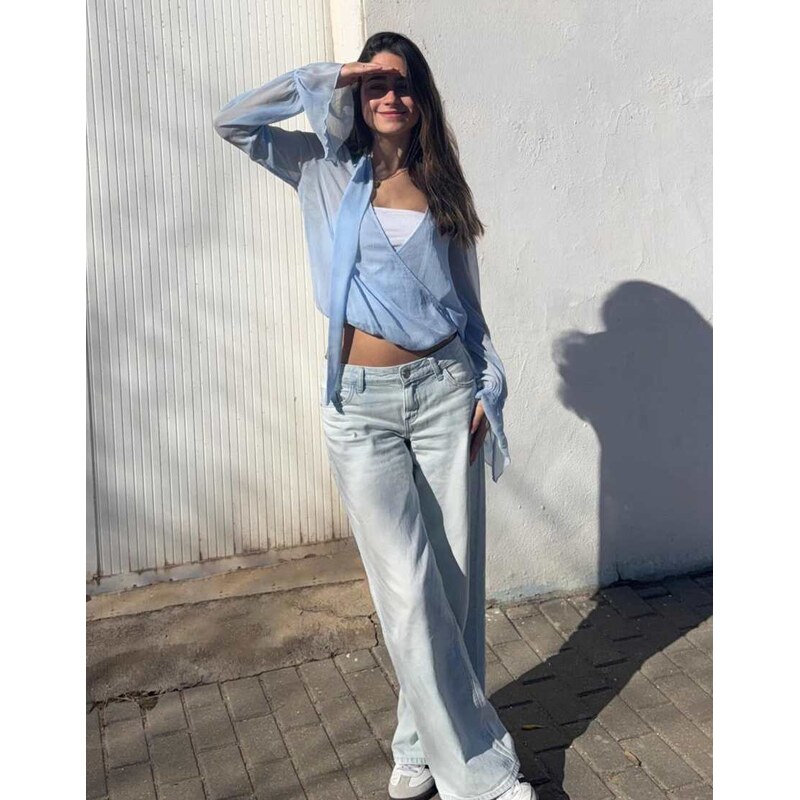 Bershka Long sleeve crossover scarf blouse in light blue