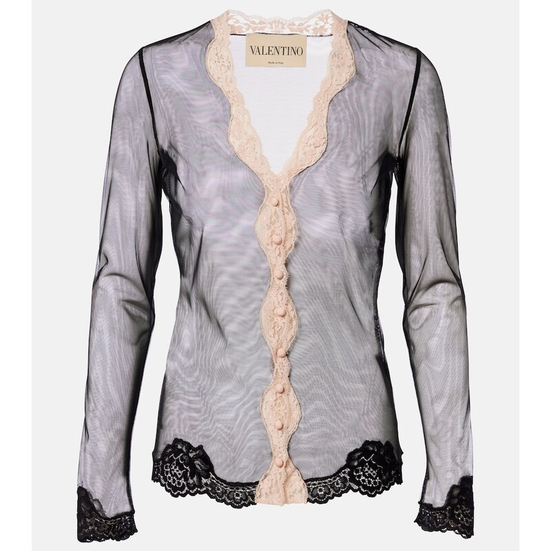 Valentino Lace-trimmed sheer mesh cardigan