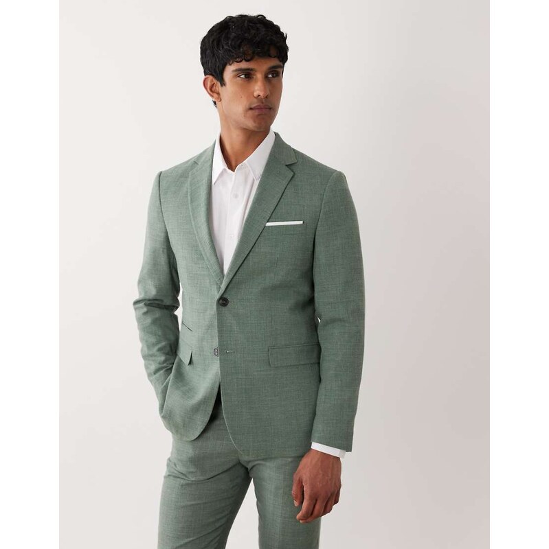 Selected linen mix slim fit blazer in mid green