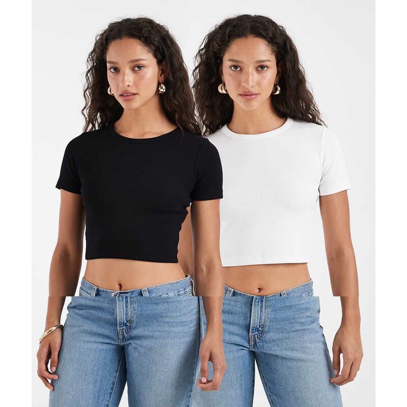JJXX Florie ribbed cropped baby t-shirt two pack in black &