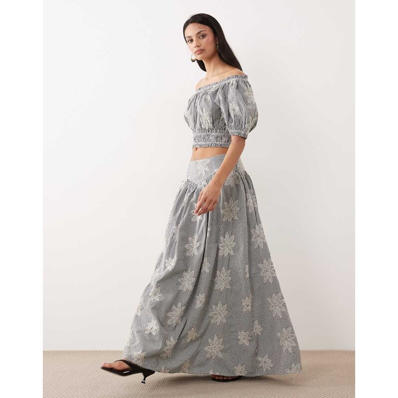 YAS floral embroidered full midi skirt co-ord in black gingham