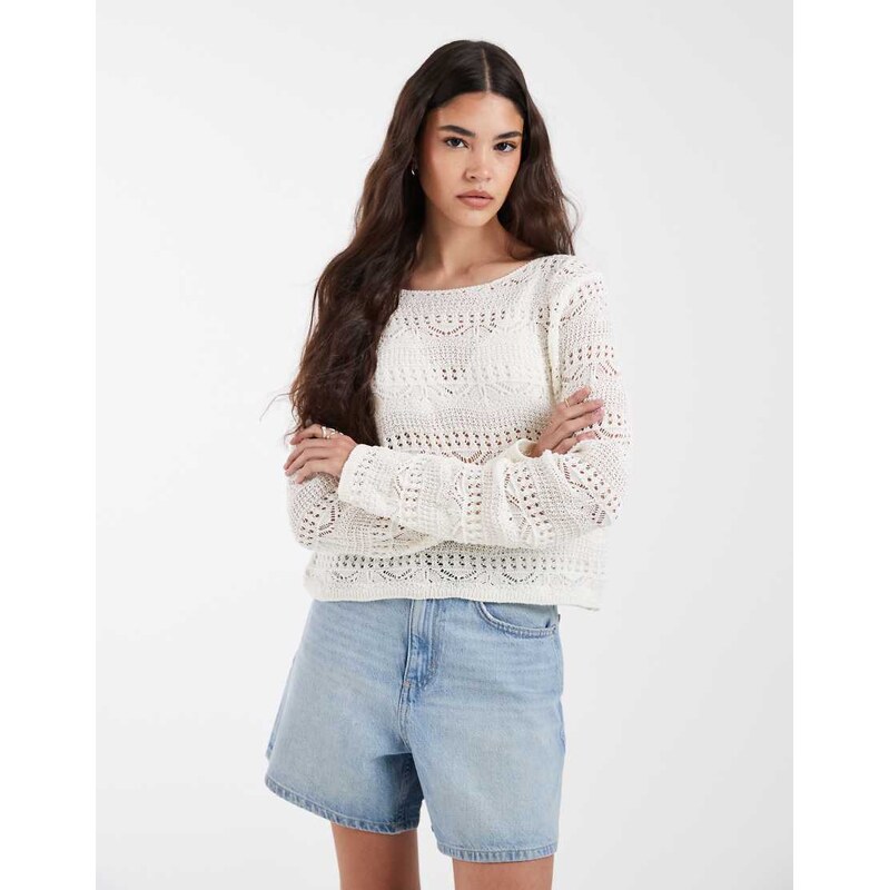 Pieces crochet knitted jumper in cream-White